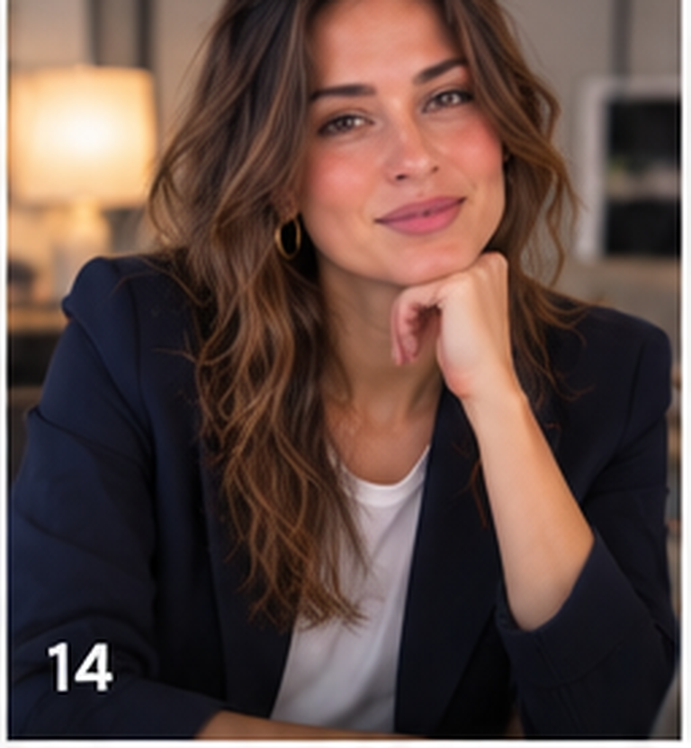 Lucía con blazer azul marino